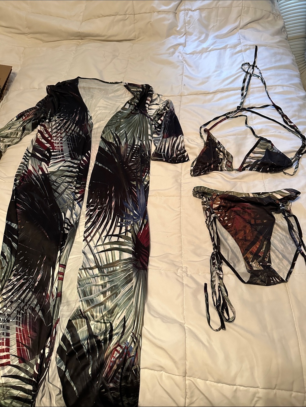 SHEIN Black Multicolor Tropical Print Bikini Set with Cover-Up